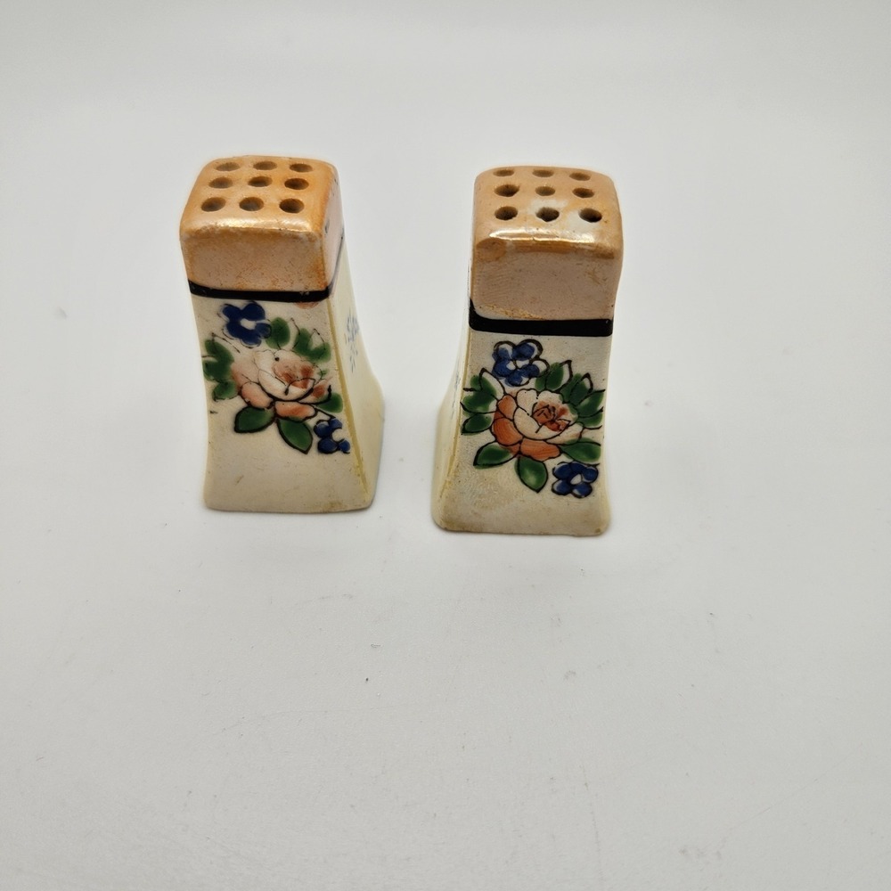 Vintage Japan Ceramic Salt & Pepper Shakers‎ Floral Hand-Painted Square